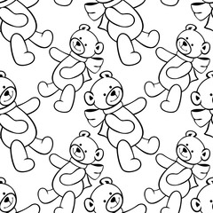 Black and white seamless pattern with teddy bears. Raster clip art.