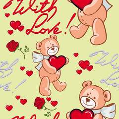 Seamless pattern with hearts and teddy bears. Raster clip art.