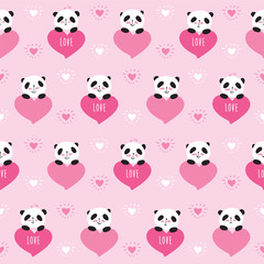 Seamless pattern with cute pandas and hearts. Wrapping paper for Valentine's Day, Mother's Day, birthday, wedding. Doodles, sketch. Vector.