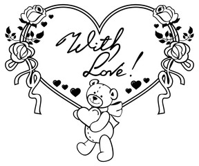 Heart-shaped frame with outline roses, teddy bear holding heart