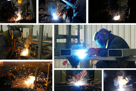 Steel workers welding, lots of sparks in metal industry, collage