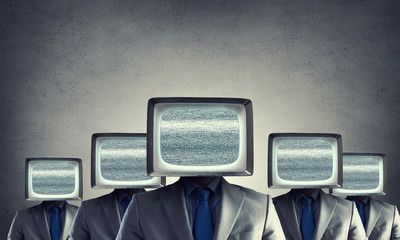 Man with TV instead of head . Mixed media