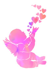 Silhouette gentle watercolor baby with wings and hearts