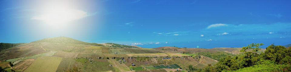 Panorama of the summer morning in mountains.