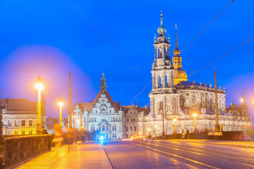 Augustus Bridge and Downtown of Dresden illuminated at night, Germany