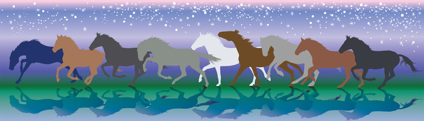 Vector background with horses running gallop in the night