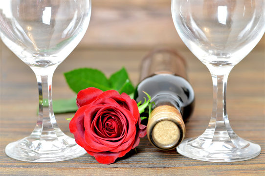 Valentines wine and red rose. Valentines Day love concept