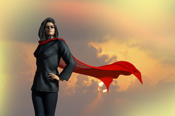 3D Illustration of business woman dressed in a suit with a Cape superhero on a background the sky © de Art