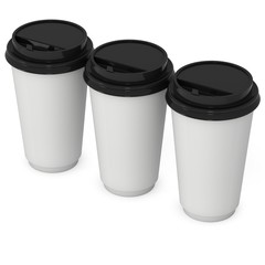 Disposable coffee cups. Blank paper mug. 3d render isolated on white background