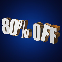 80 percent off letters on blue background. 3d render isolated.