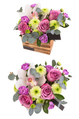 Bright buketny composition from fresh flowers, the white isolated background