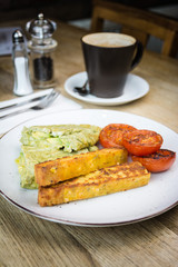 Avocado and mozzarella green egg omelette with jalapeño corn bread