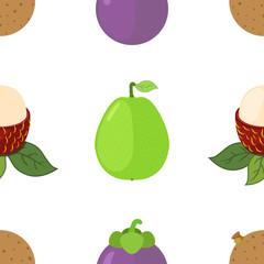 Exotic fruit seamless pattern. Guava, longan, mangosteen, rambutan. Flat style.