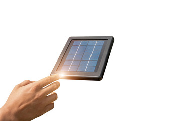 Male hand touching a solar cell panel frame as isolated background