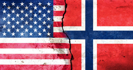 A large crack in the wall. USA flag. Flag of Norway