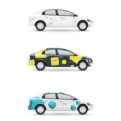 Fototapeta premium Set of design templates for transport. Mockup of white passenger car. Branding for advertising, business and corporate identity.