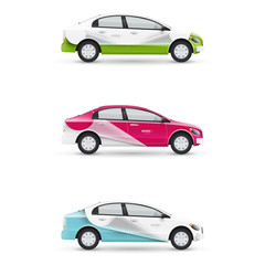 Fototapeta premium Set of design templates for transport. Mockup of white passenger car. Branding for advertising, business and corporate identity.