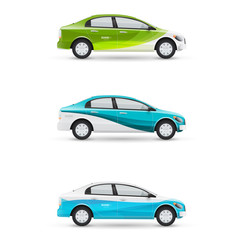 Naklejka premium Mockup of white passenger car. Set of design templates for transport. Branding for advertising, business and corporate identity.