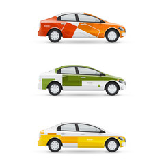 Fototapeta premium Set of design templates for transport. Mockup of white passenger car. Branding for advertising, business and corporate identity.