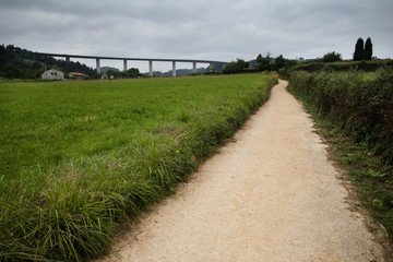 Path through the meadow, the viaduct in the background.