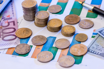 business graphic with euro and dollar, coin, calculator.