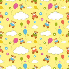 Seamless vector pattern with Teddy bears, clouds, flowers, balloon on yellow background. Wallpaper, textile, pattern fills, web page background, surface textures.