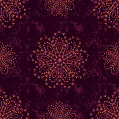 Mandala vintage seamless pattern. Shabby purple background with abstract flowers