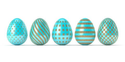 3d rendering of Easter glitter and turquoise eggs in row