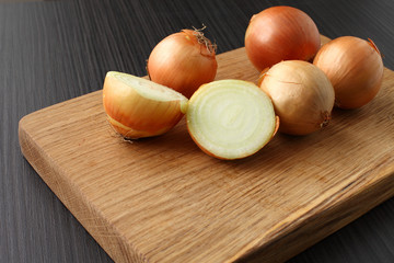 bulbs on a blackboard/ Onions on a cutting board oak