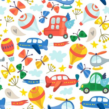 Vector amazing patter of cars, airplanes air balloons, flowers and birds.  Floral pattern in childish style in awesome colors, spring floral background.