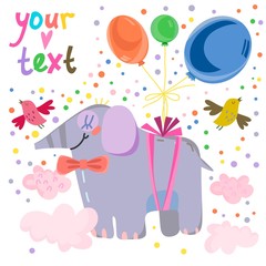 Vector cute happy birthday card of lovely elephant and air balloons.