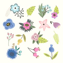 Vector big amazing set of lovely flowers in pastel colors.