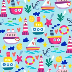 Vector seamless pattern of boats and ships in lovely cartoonish style.