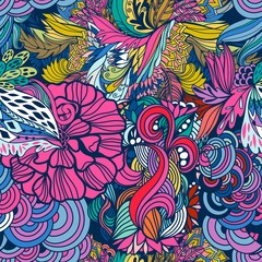 Vector seamless pattern of abstract flowers and waves.