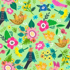  Vector spring seamless pattern of birds and flowers in happy colors.