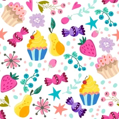 Selbstklebende Fototapeten Vector seamless pattern of sweets: cupcakes, berries and candies. © Marusha Belle