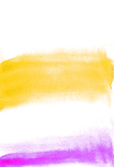 Card with orange and purple blots. Watercolor painting for design. Abstract bright textured backdrop. Postcard, banner, logo, invitation. Hand paint isolated on white background. Vector illustration. 