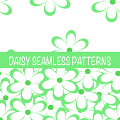 Set of seamless naive minimalistic patterns with little flowers. Floral print. Field of grass green camomiles on white background. For wrapping, fabric and other design. Vector illustration.