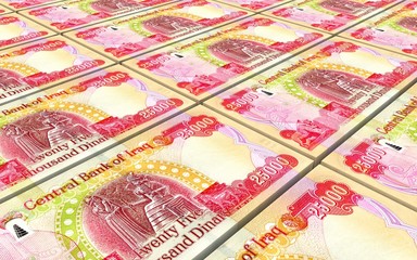 Iraqi dinars bills stacked background. 3D illustration. - 136212233