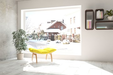 White interior design with chair and winter landscape in window
