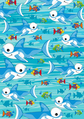 Cute Cartoon Sharks and Tropical Fisj