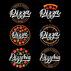 Set of pizza and pizzeria hand written lettering logo, label, badge. - obrazy, fototapety, plakaty