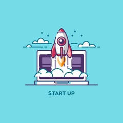 Start Up. Line flat design vector illustration concept of new business project, development and launch a innovation product on a market.