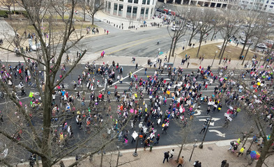 WASHINGTON DC - JANUARY 21, 2017: High angle view of thousands of protesters participating in the Women's March on Washington DC, on the Constitution Avenue that leads to the Capitol Building.