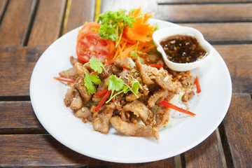 Deep fried pork with garlic and salt with Spicy Dipping Sauce