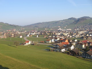 Small Swiss town close to the mountains