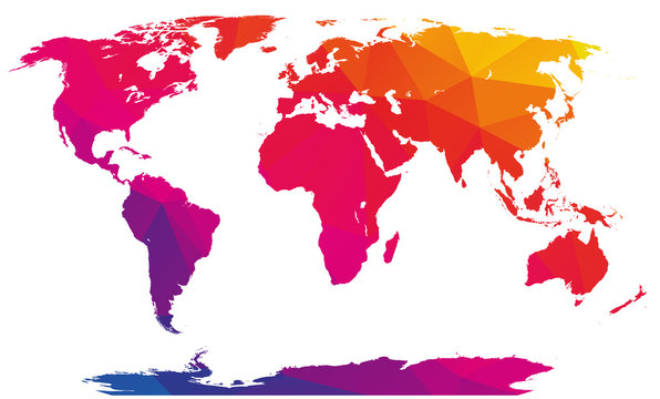 Polygonal mosaic abstract world map, rainbow - multicolored, isolated on white