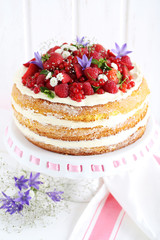 Delicious biscuit cake with berries on cake stand