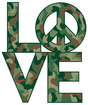 Camo Love+Peace retro-styled text design.