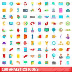 100 analytics icons set, cartoon style